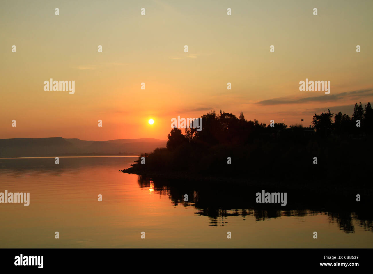 Israel, sunset over the Sea of Galilee at Capernaum Stock Photo