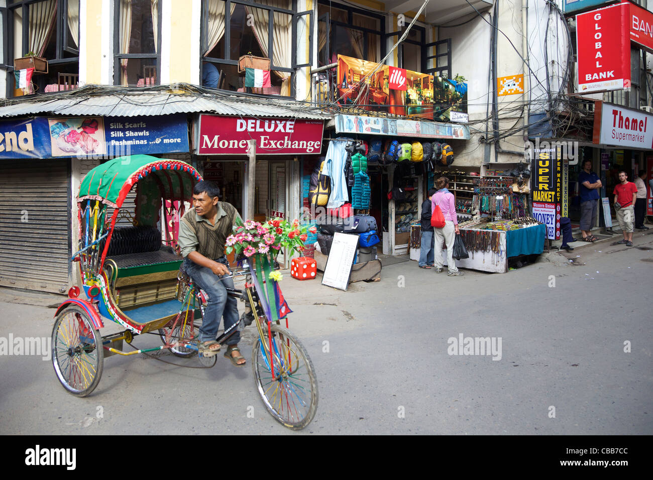 Rickshaw in streets of Thamel, Kathmandu, Nepal, Asia Stock Photo
