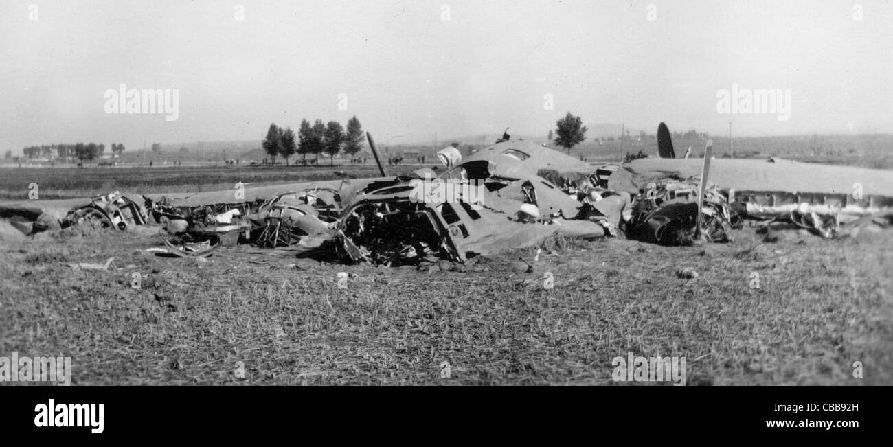 A USAAF B24 Liberator bomber lies crushed and broken after being shot down. Europe WW11. Stock Photo