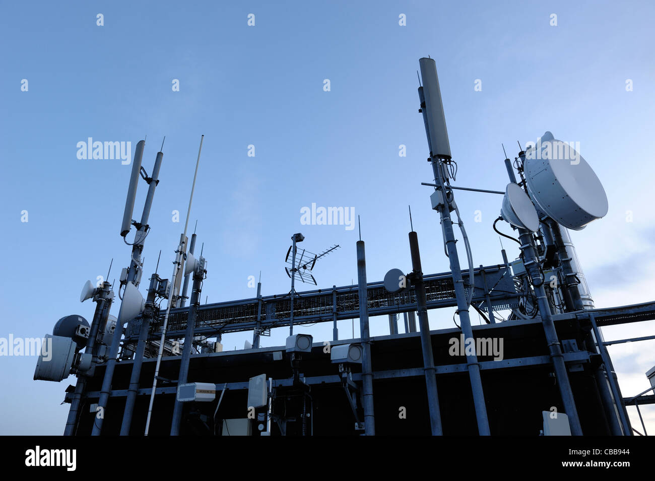 Satellite dishes and transmitter aerials Stock Photo