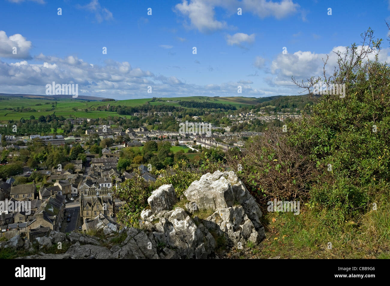 View looking across Settle from Castleberg Hill Yorkshire Dales National Park North Yorkshire England UK United Kingdom GB Great Britain Stock Photo