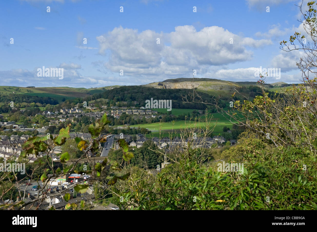 View looking across Settle from Castleberg Hill Yorkshire Dales National Park North Yorkshire England UK United Kingdom GB Great Britain Stock Photo