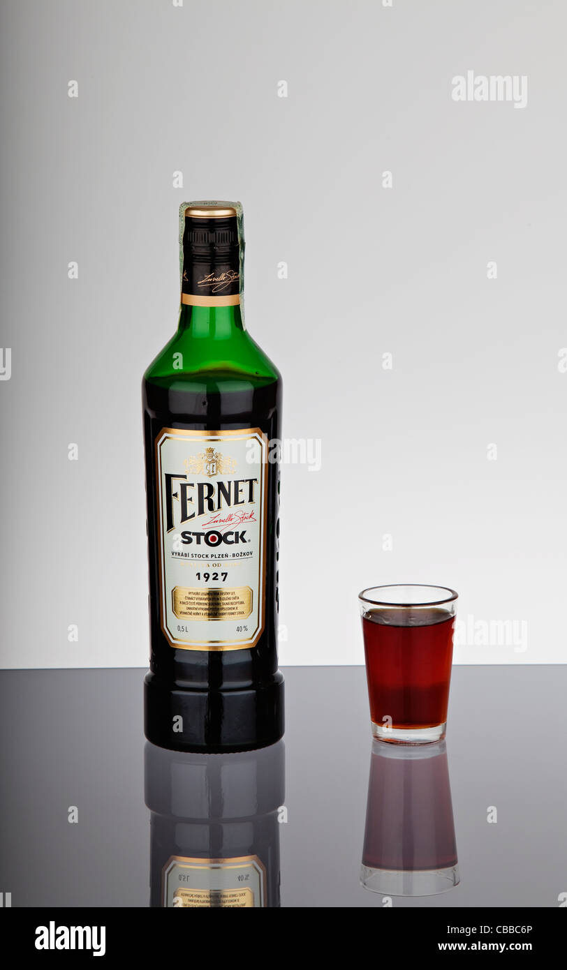 bottle of alcoholic drink FERNET STOCK, shot glass, Czech Republic. (CTK  Photo/Josef Horazny Stock Photo