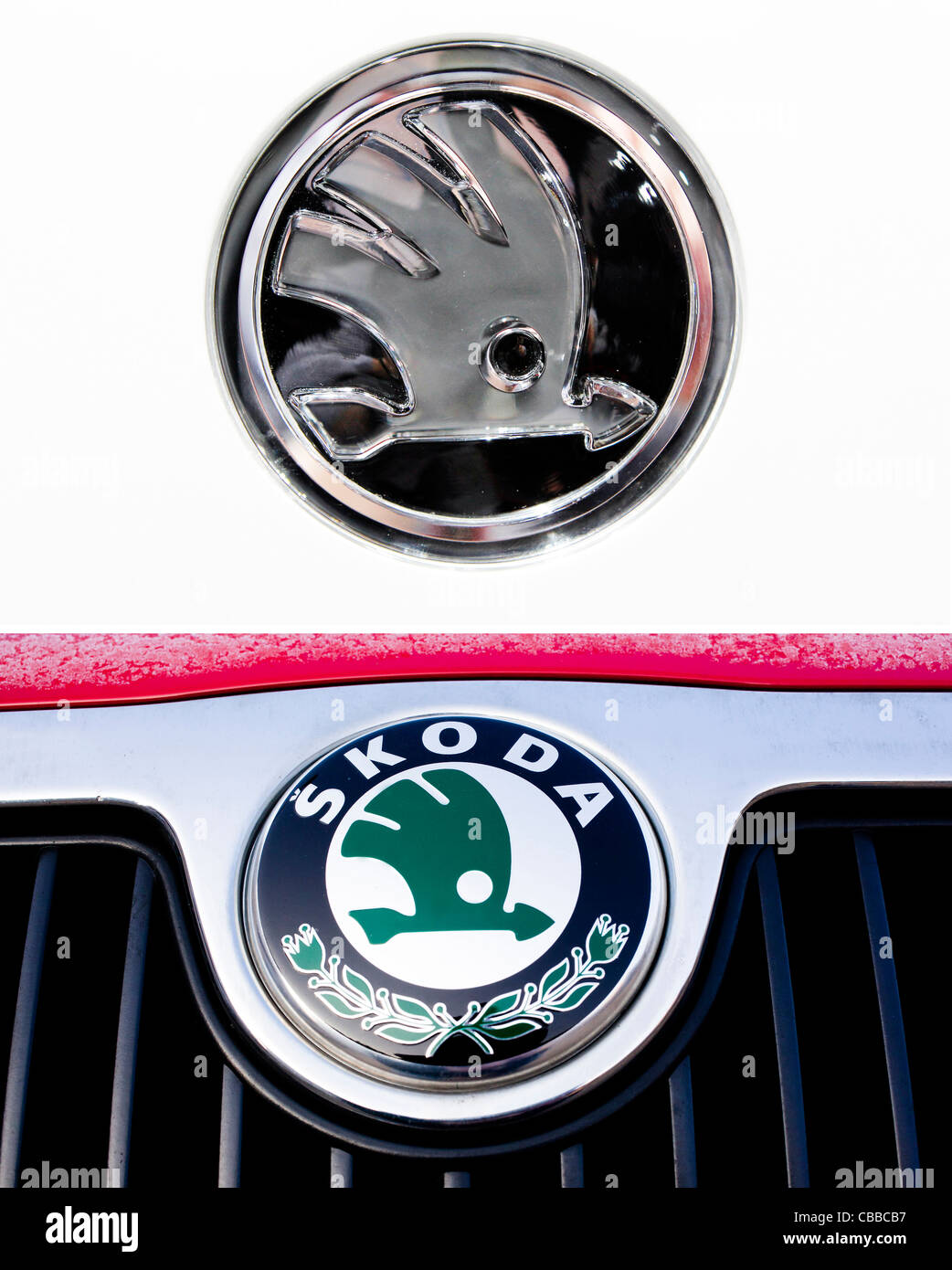 A combo picture of new, top, and old, bottom, logo of Skoda Auto. (CTK Photo) Stock Photo