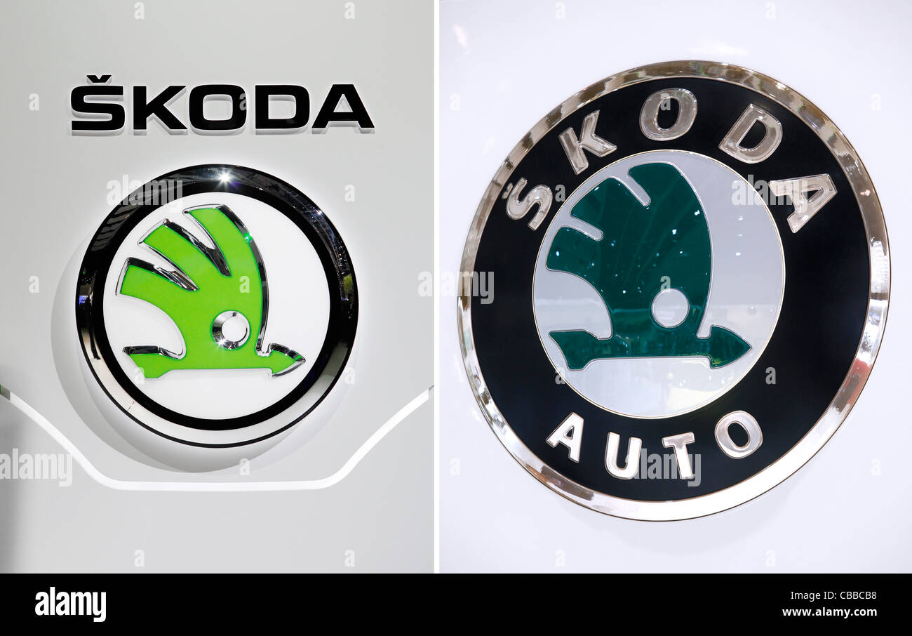 A combo picture of new, left, and old, right, logo of Skoda Auto. (CTK Photo) Stock Photo