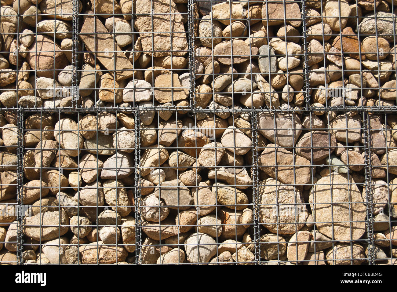 A wire mesh gabion wall. Stock Photo