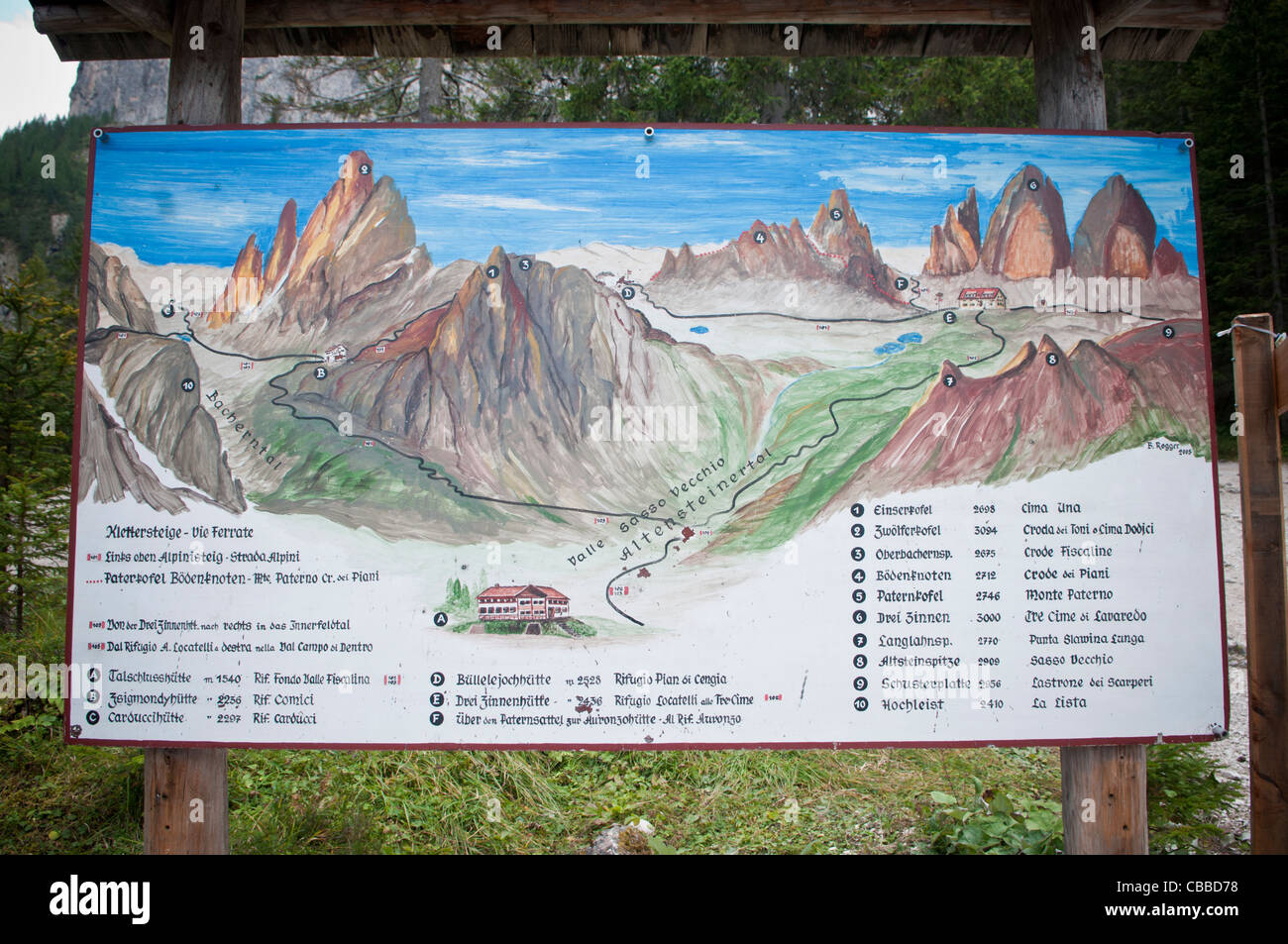 Info sign, Dolomites, Val Fiscalina, Alta Pusteria valley, South Tyrol, Italy, Europe, Italy, sign post Stock Photo