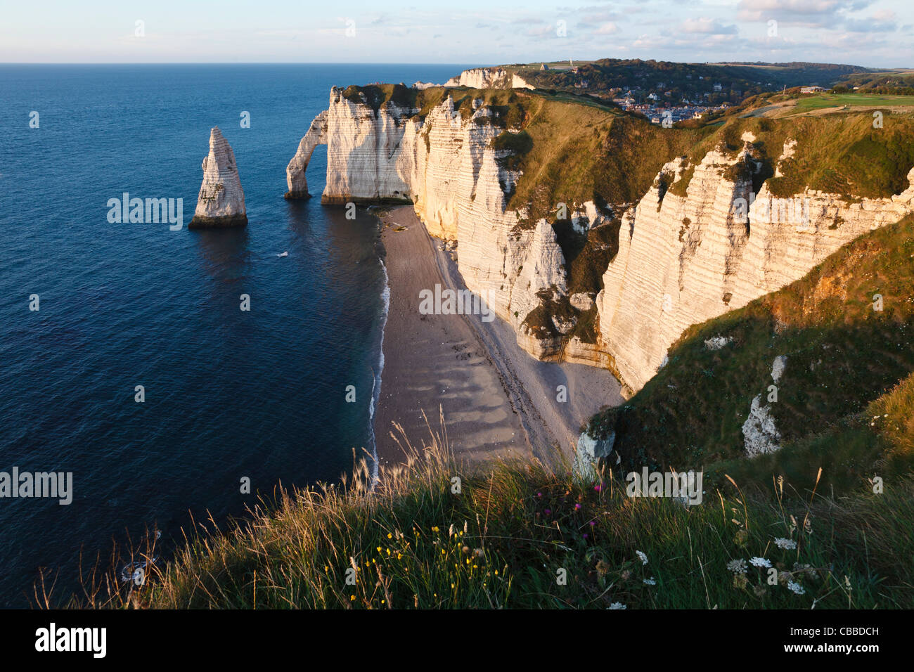L'Aiguille (the Needle) and Porte d'Aval at Etretat, Normandy, France Stock Photo