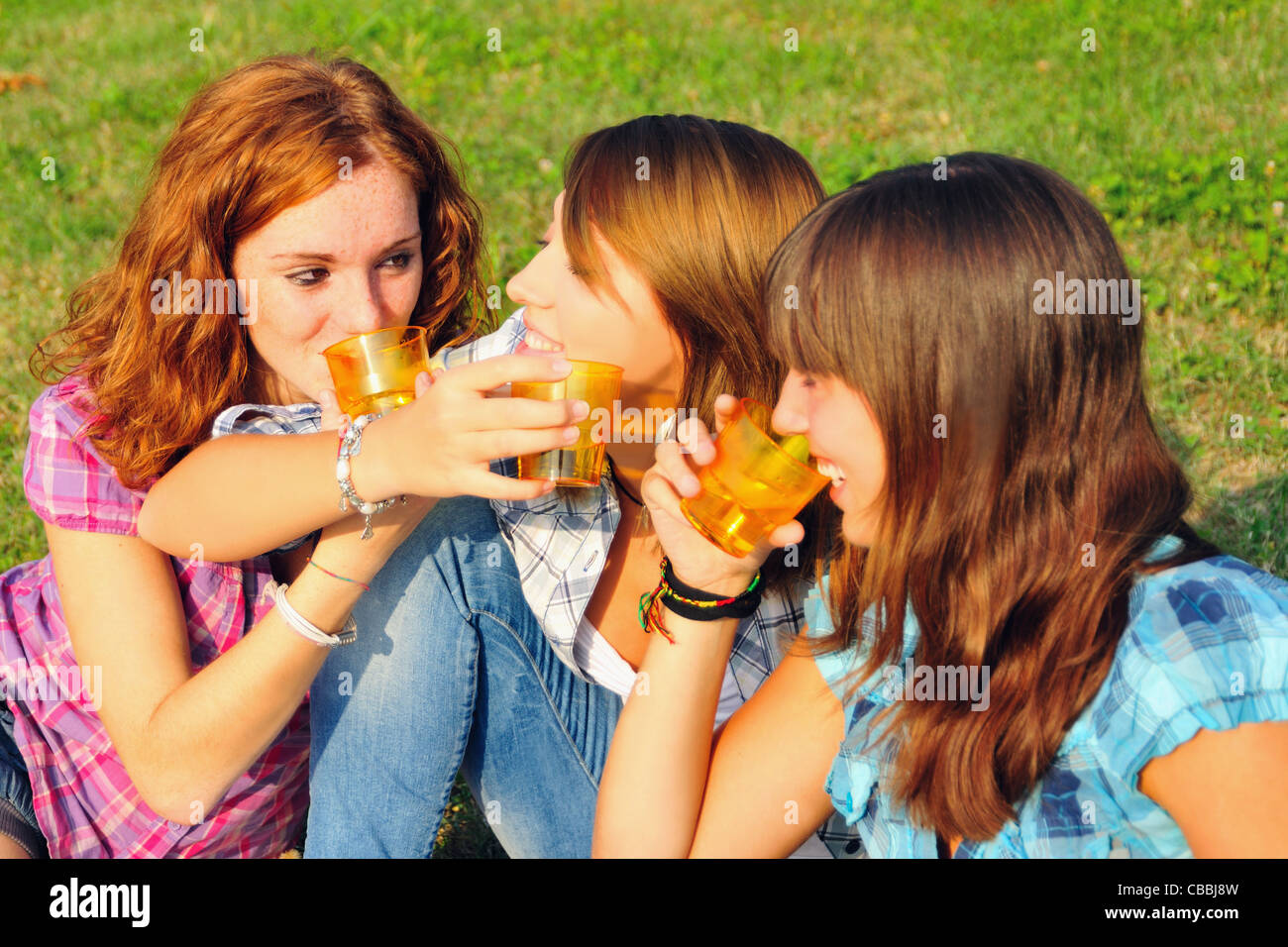 Teenage girls picnicking in rural field Stock Photo