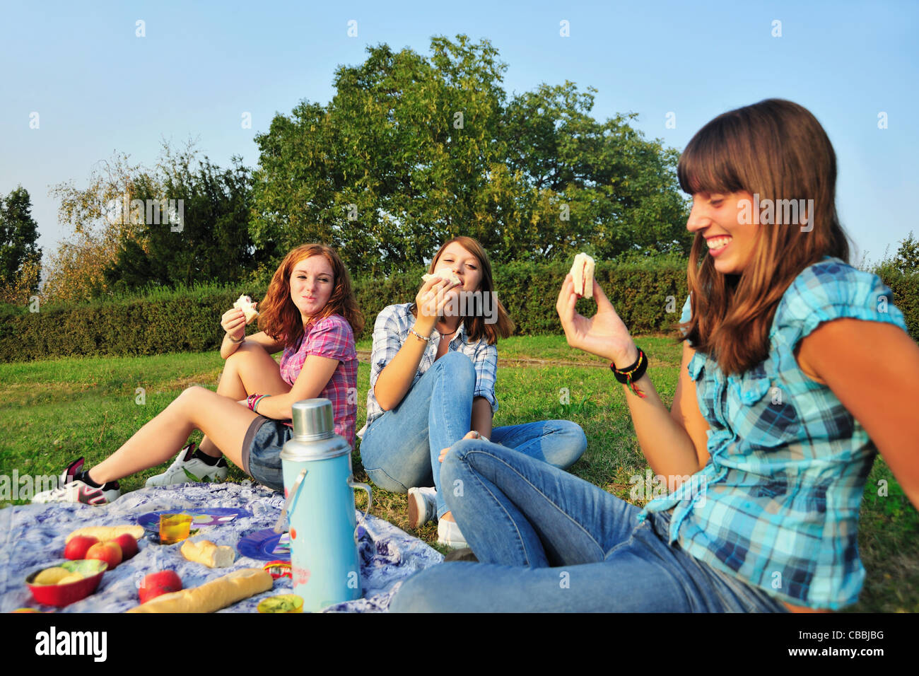 Teenage girls picnicking in rural field Stock Photo