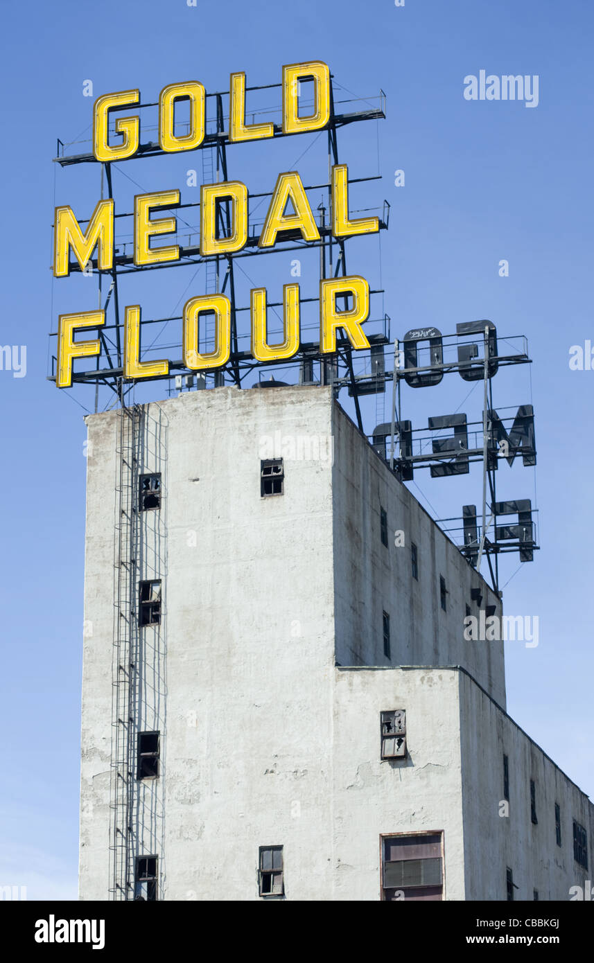 Gold Medal Flour neon sign on a tower of the Mill City Museum in downtown Minneapolis, Minnesota Stock Photo
