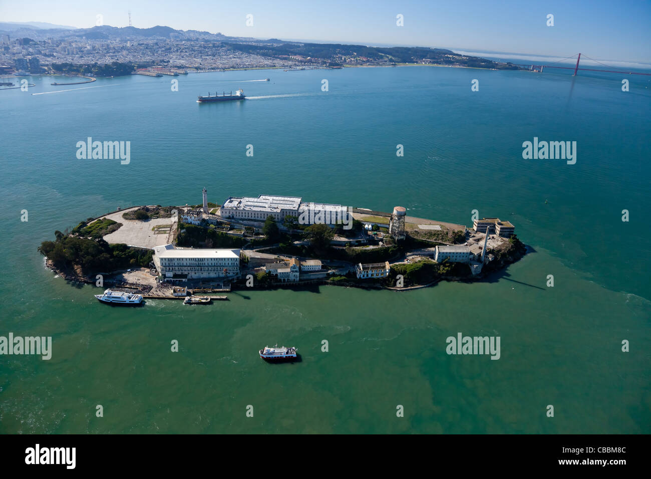 Alcatraz jail in San Francisco bay aerial view Stock Photo