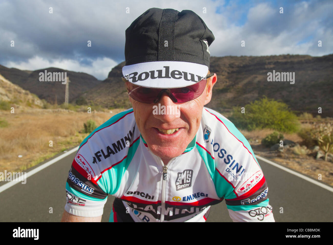 A series of photos of cyclists in the mountains of Gran Canaria. Stock Photo