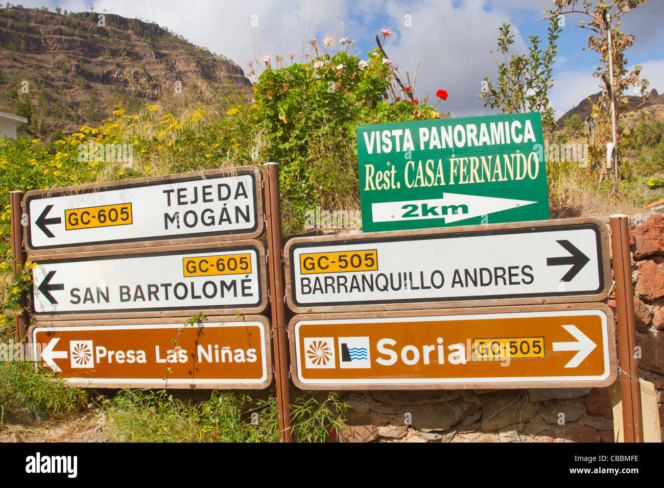 The signs showing all the best cycling routes in the southern valleys of Gran Canaria Stock Photo