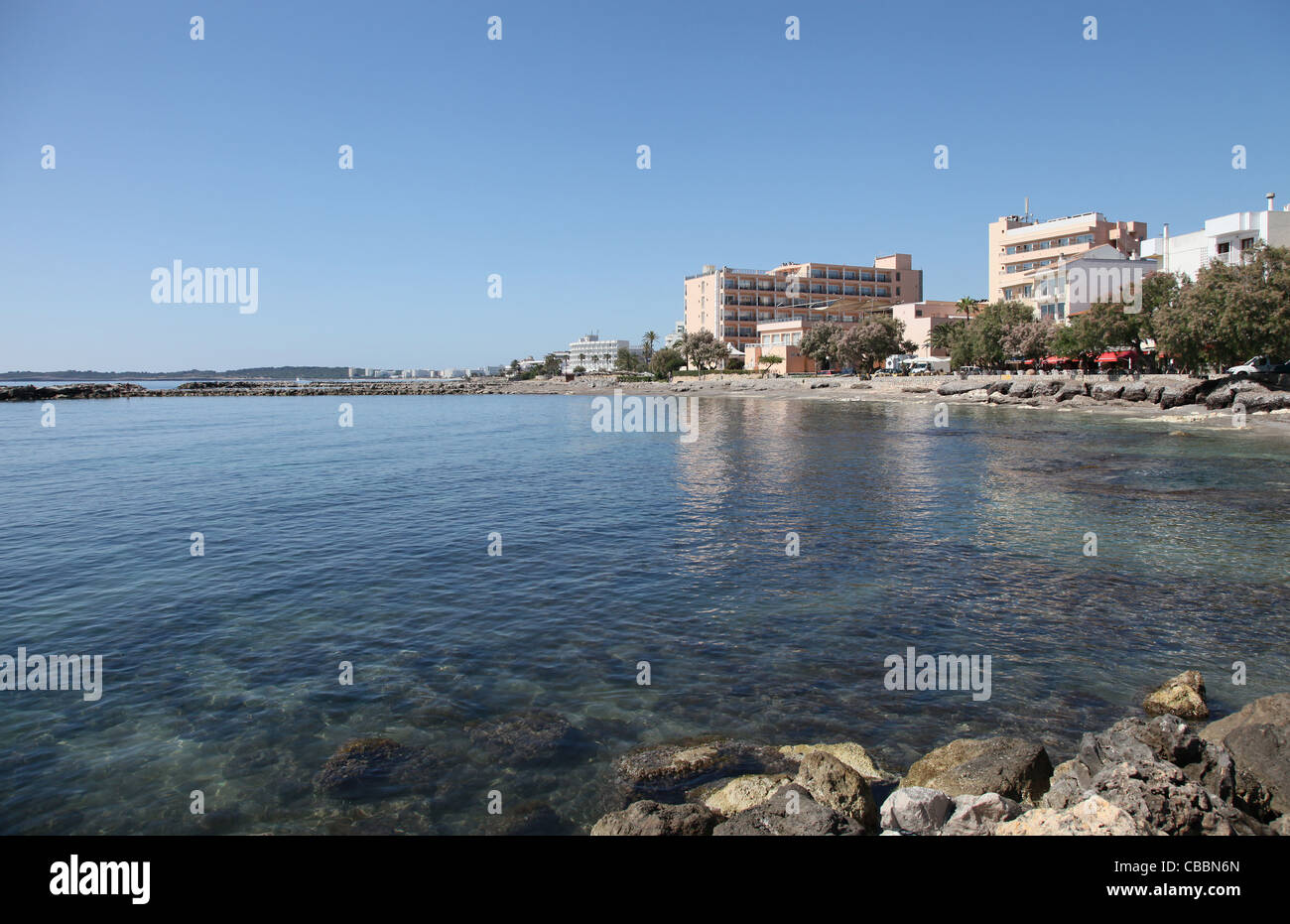 Rocky shoreline at Cala Bona on the Balearic Island of Mallorca. Spain Stock Photo