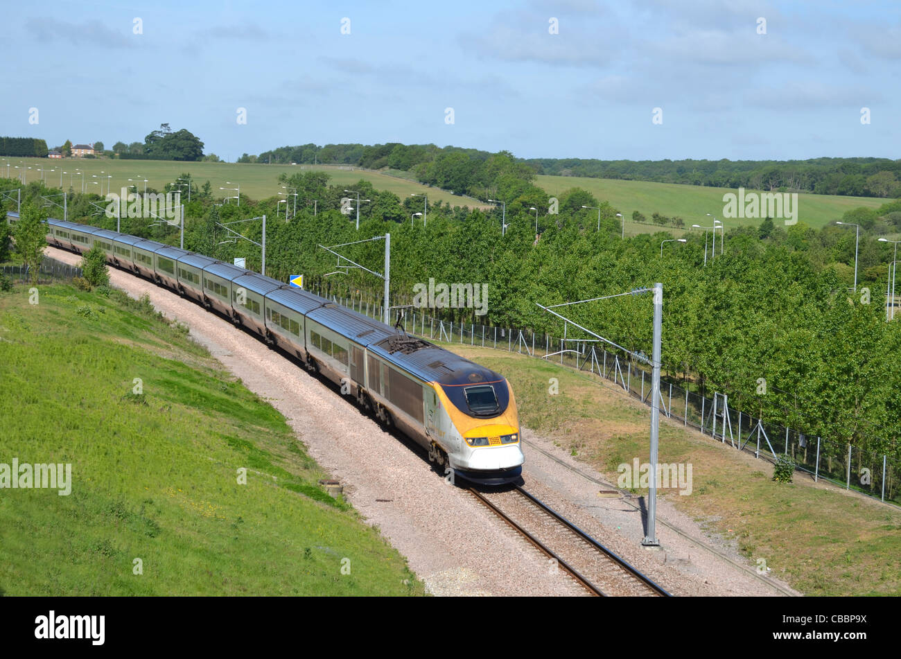 Eurostar train approaching the Channel Tunnel terminal at Folkestone, Kent, UK Stock Photo