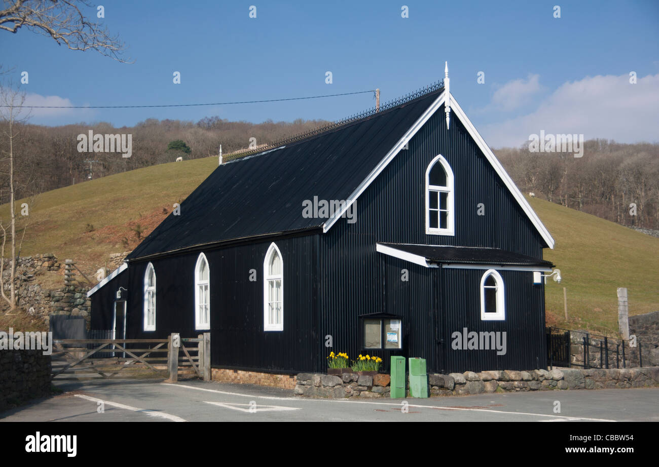 Former Mission Hall - now village hall - Ganllwyd Gwynedd Mid Wales UK Rare 'tin tabernacle' painted black Stock Photo