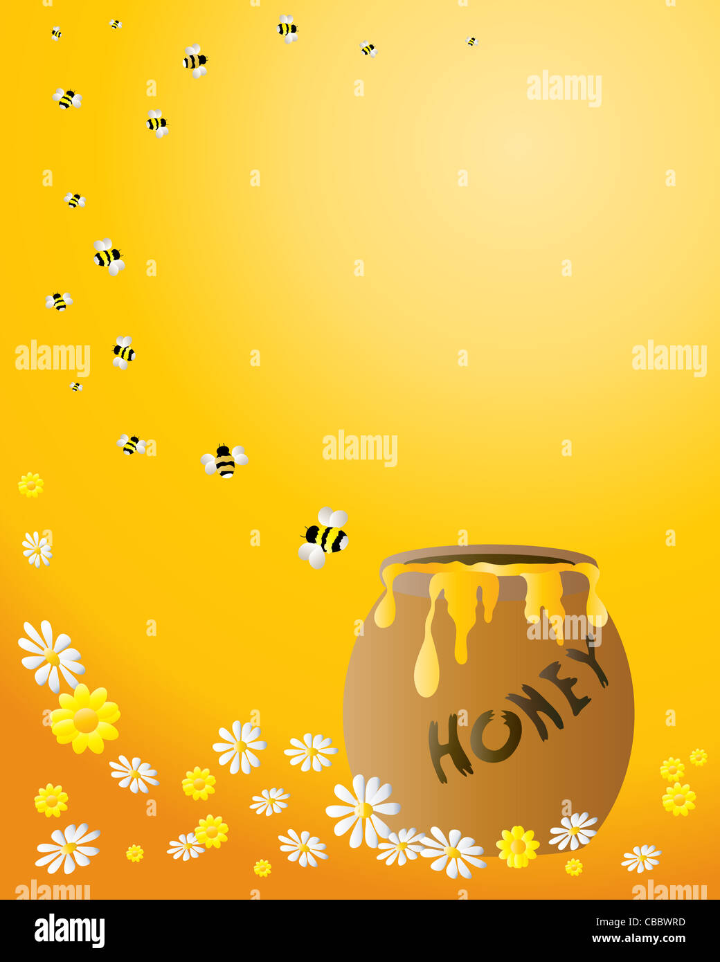 an illustration of a honey jar with bees flying and flowers on an