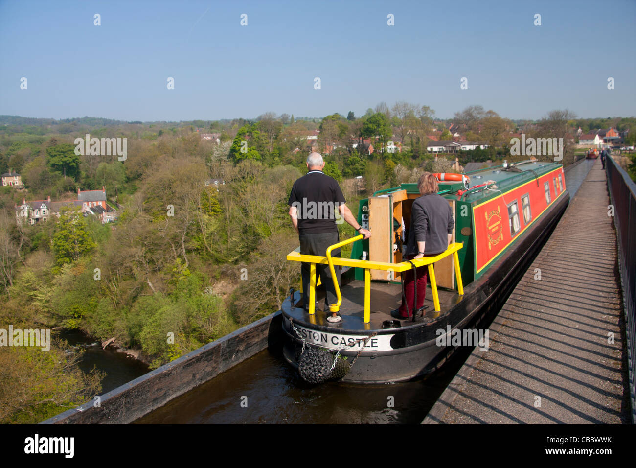 Narrowboats on Llangollen Canal on Pontcysyllte Aqueduct above River Dee Trevor Wrexham County North East Wales UK Stock Photo