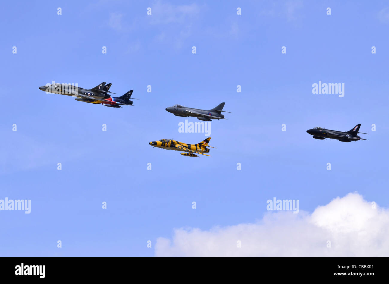 Hawker Hunter formation flypast at RAF Fairford, UK. Stock Photo