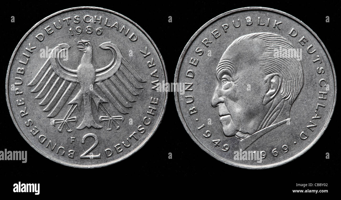 2 Deutsche Mark coin, Konrad Adenauer, West Germany, 1986 Stock Photo