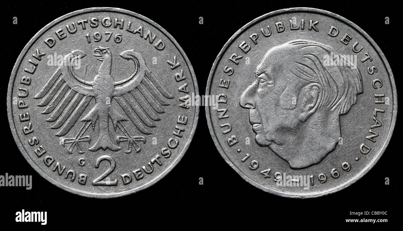 2 Deutsche Mark coin, Theodor Heuss, West Germany, 1976 Stock Photo