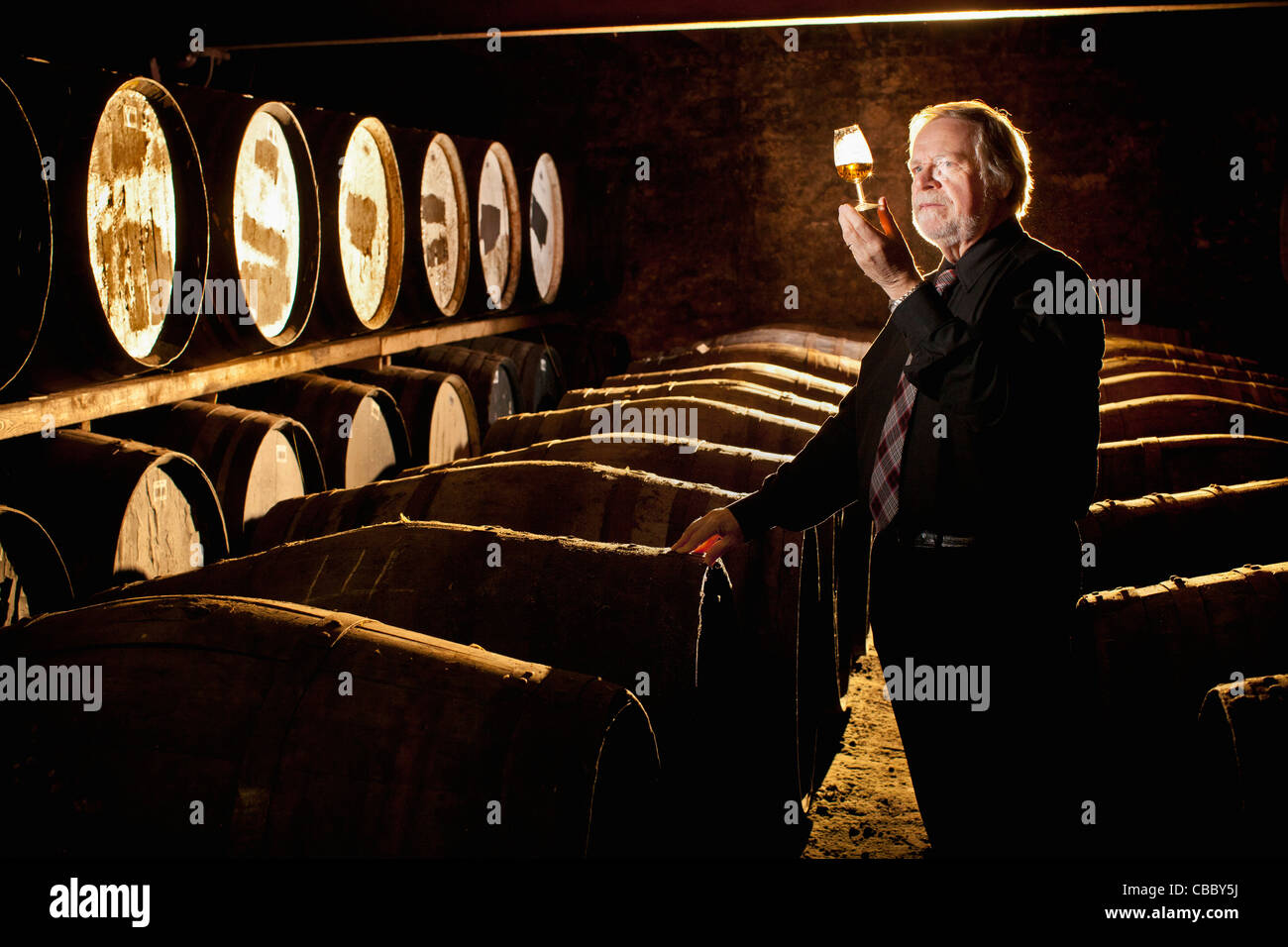 Worker testing whisky in distillery Stock Photo