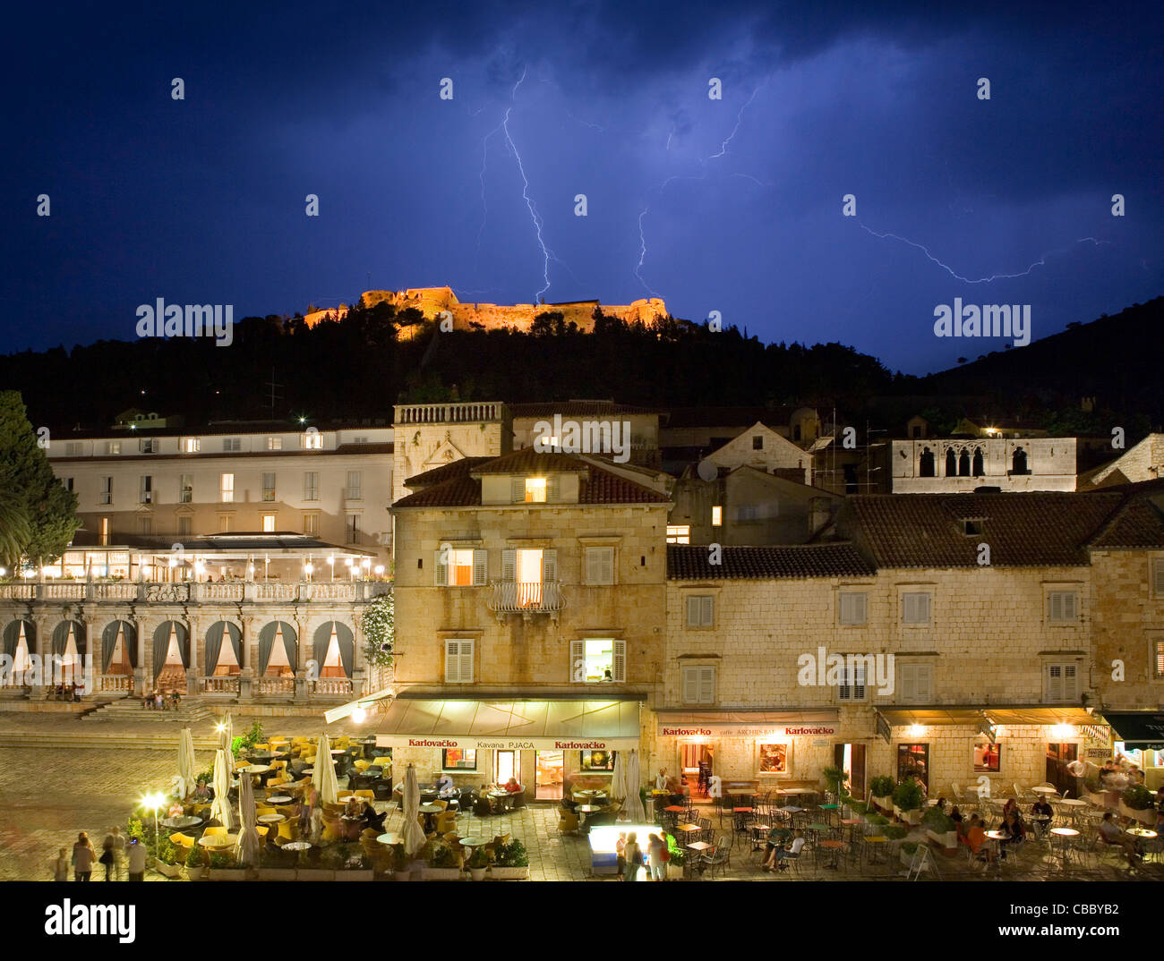 Lightning storm above Hvar town on Hvar Island, Croatia Stock Photo