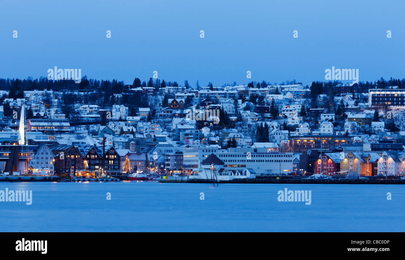View across the fjord from Tromsdalen, to the downtown harbour area of Tromsø. Stock Photo