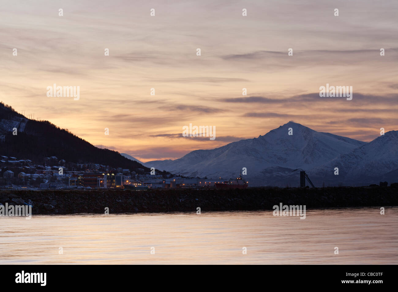 Pastel colours over part of Tromsdalen and the mountains beyond. Stock Photo