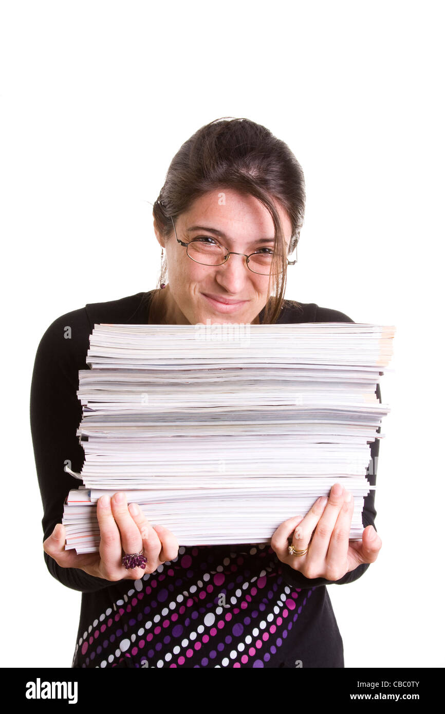 Woman with a pile of books (isolated in white Stock Photo - Alamy