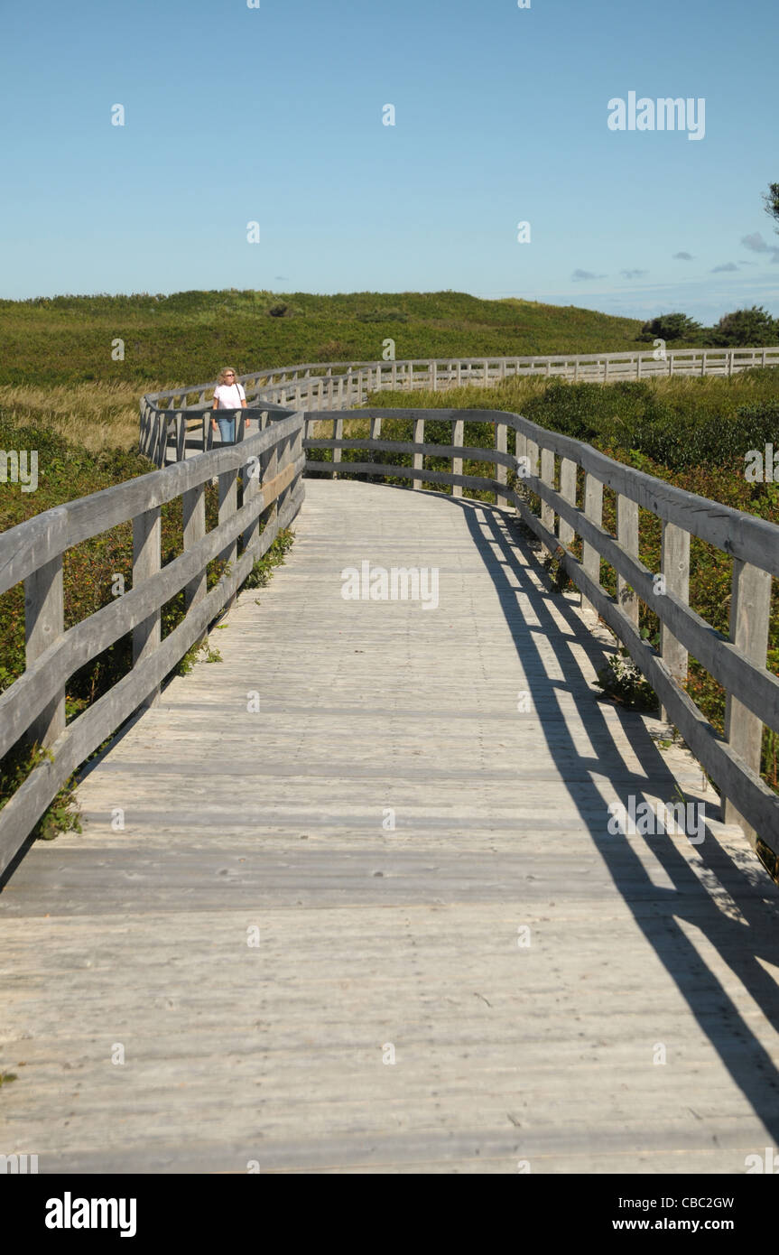 A woman walks along the walkway which ends up at Greenwich, P.E.I. beach in Canada at the Greenwich, Prince Edward Island Nation Stock Photo