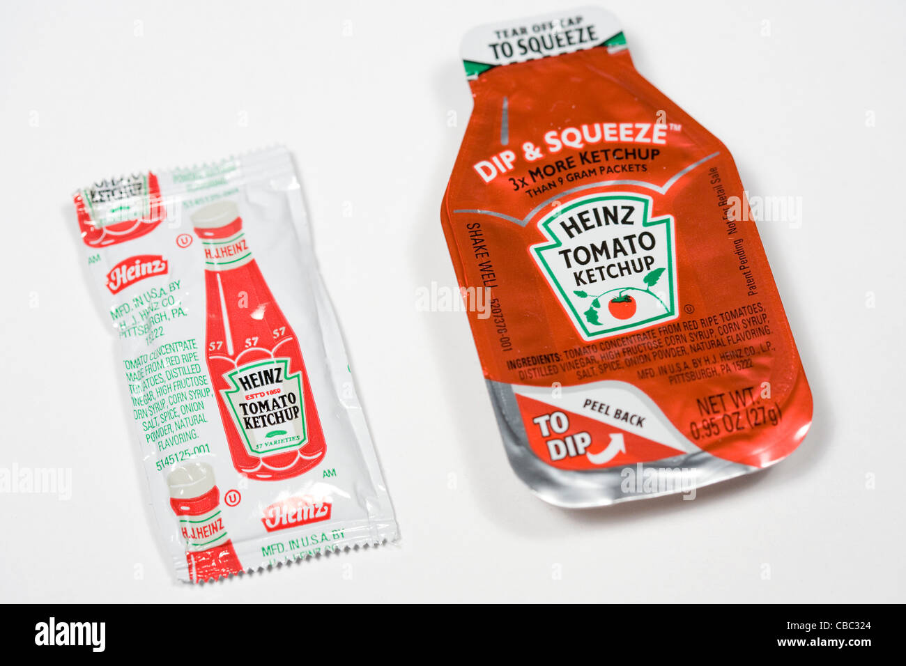 The new style of Heinz Ketchup packets.  Stock Photo