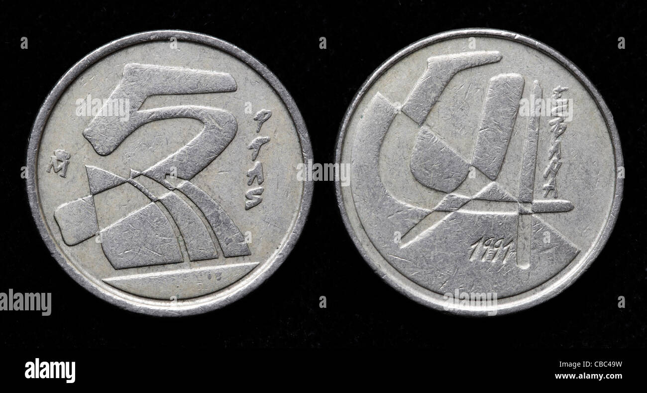 5 pesetas coin, Spain, 1991 Stock Photo