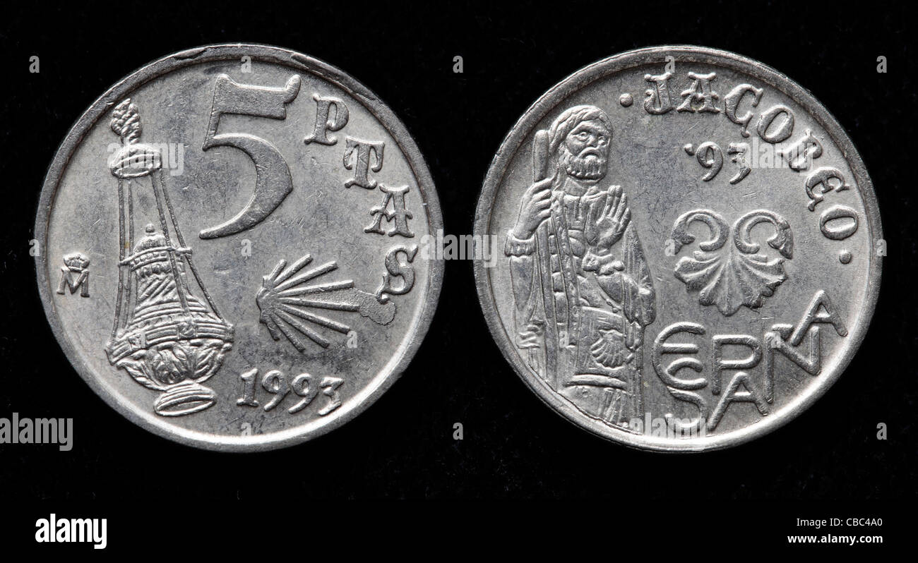 5 pesetas coin, Spain, 1993 Stock Photo
