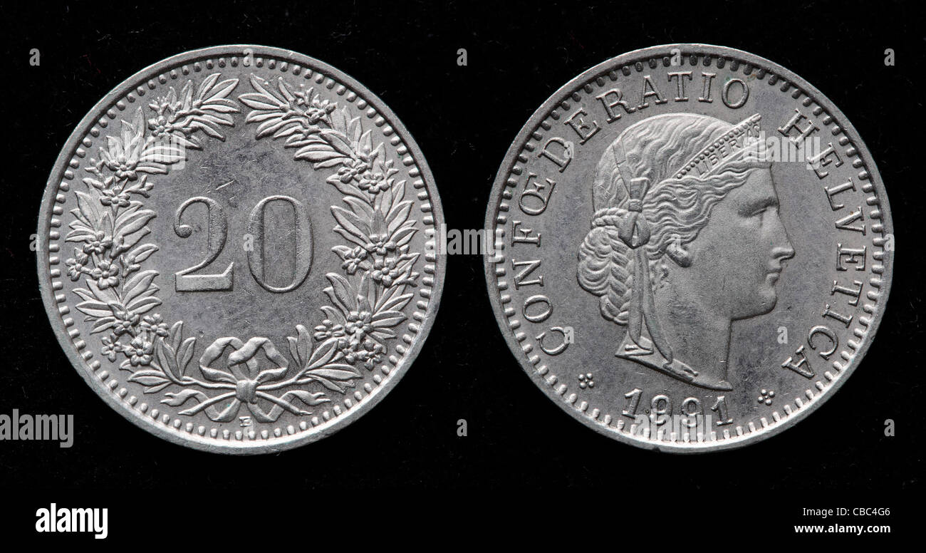 20 Rappen coin, Switzerland, 1991 Stock Photo