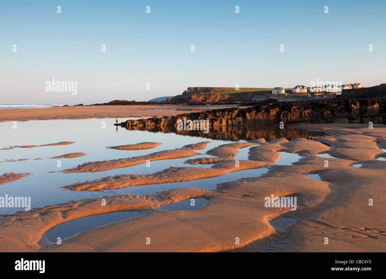 Summerleaze Beach, Bude Cornwall, at low tide, just after sunrise on a sunny October morning. Stock Photo