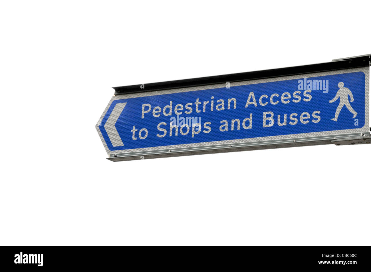 Pedestrian Access to Shops and Buses Sign on White Background Stock Photo