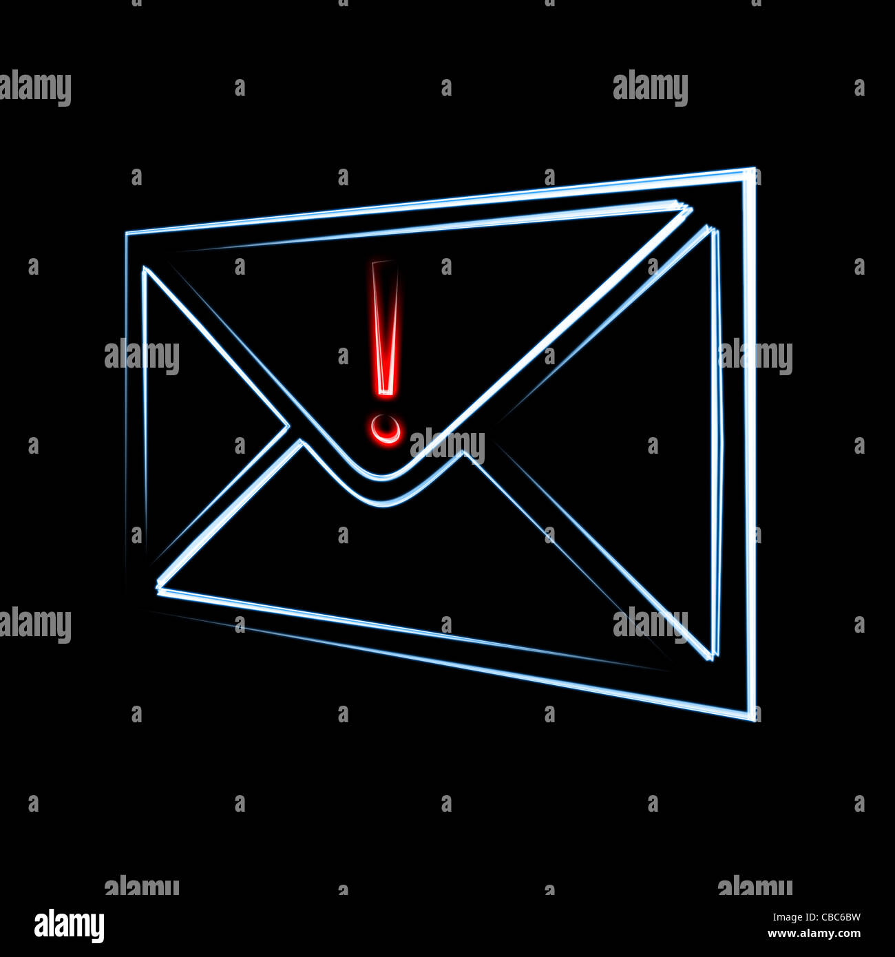 important or dangerous email message has arrived symbol of envelope and exclamation sign on black background Stock Photo