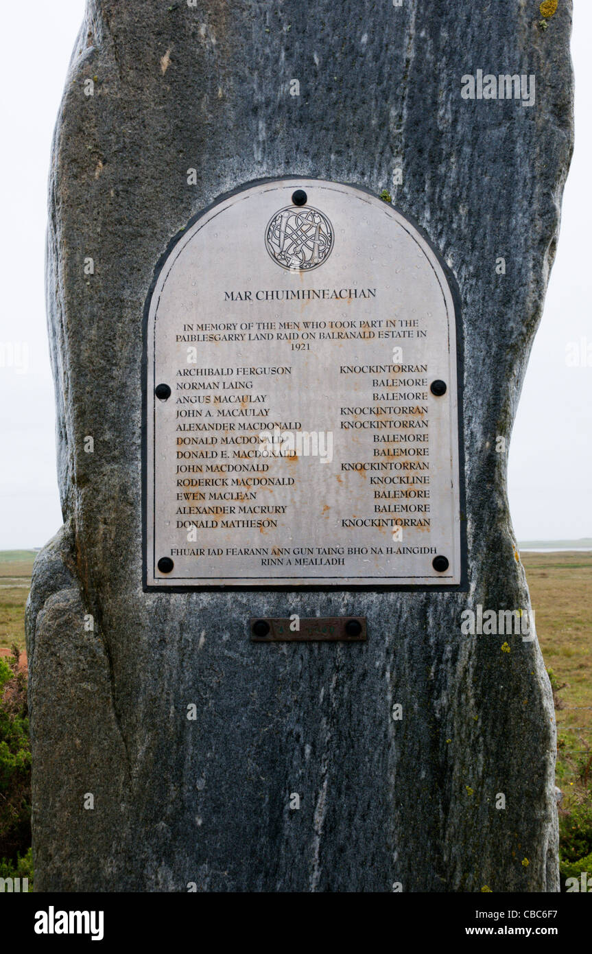A stone on the Hebridean island of North Uist commemorates the Paiblesgarry Land Raid. DETAILS IN DESCRIPTION. Stock Photo