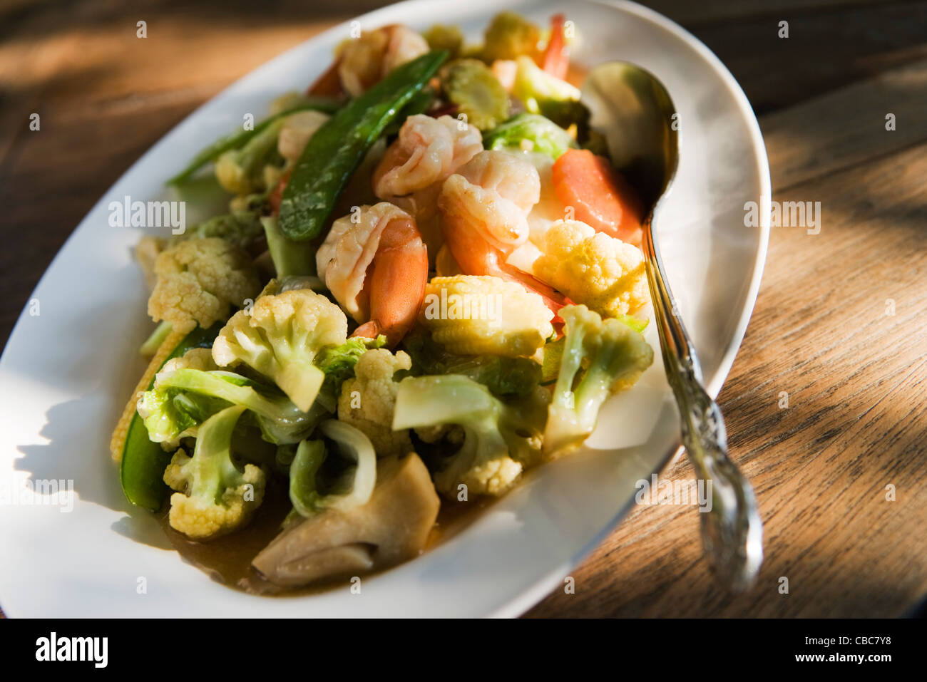Stir-fried shrimp and vegetables Stock Photo
