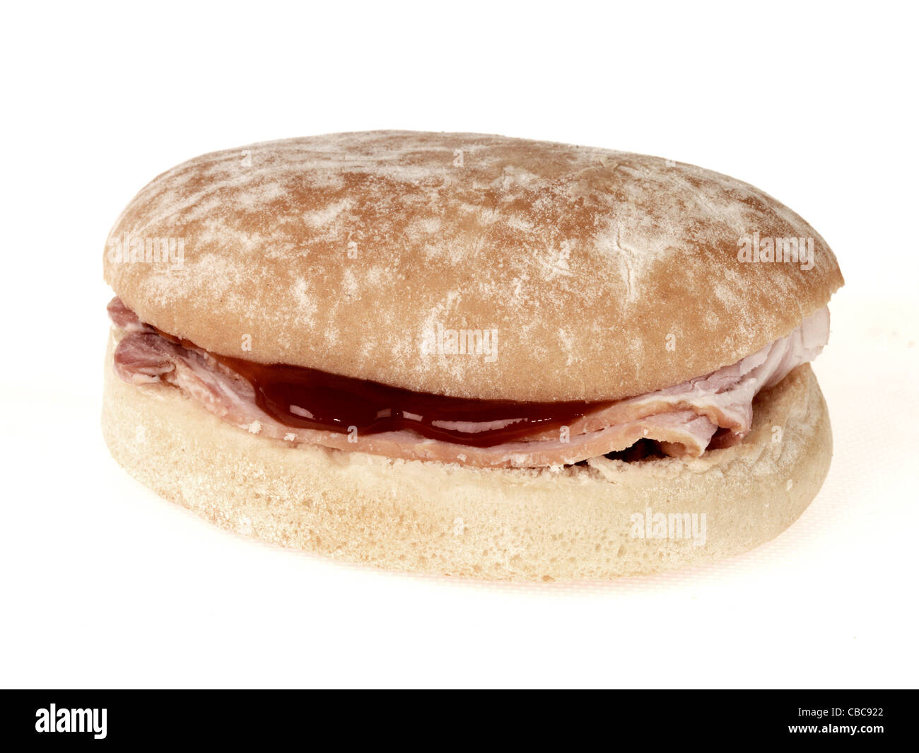 White bacon bap roll breakfast snack tomato ketchup bread bun hires