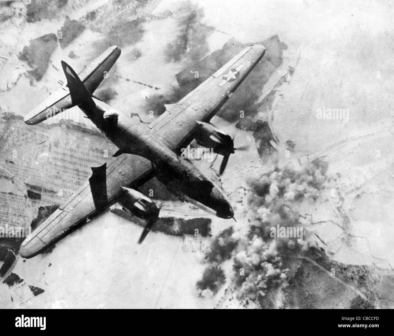 A 9th Air Force B26 Marauder bombing a bridge in Germany during WW11. Stock Photo