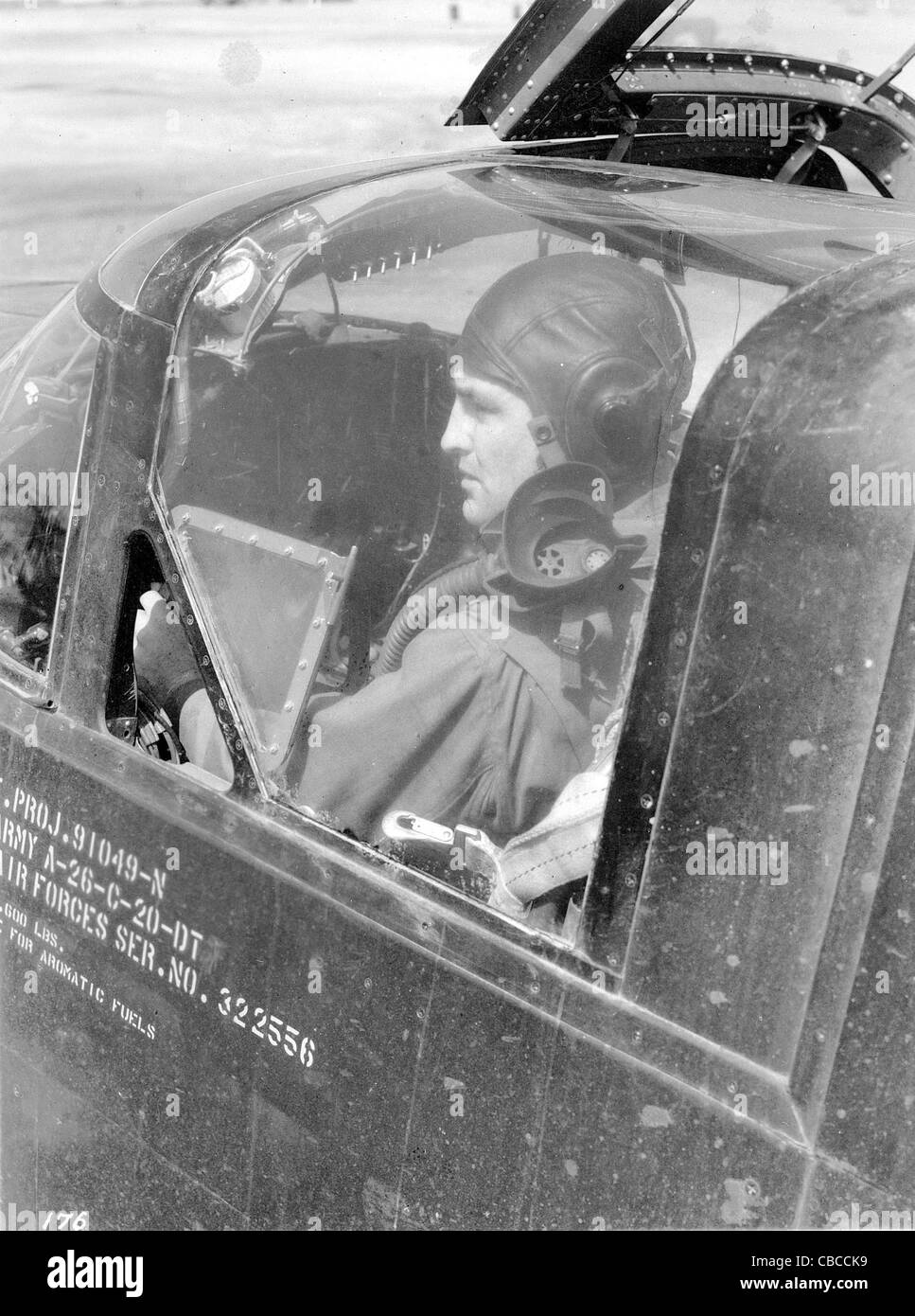 An American USAAF A26 pilot in the cockpit during WW11 Stock Photo
