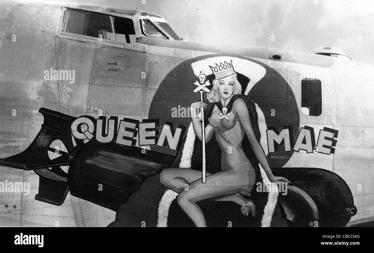WW11 USAAF B24 Liberator nose art Queen Mae. Stock Photo