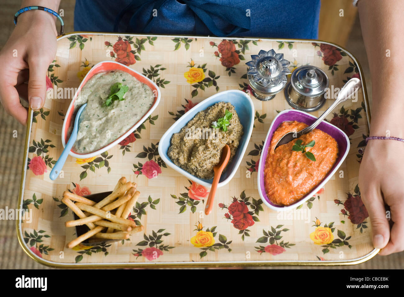 Sunshine dips, eggplant dip, red pepper dip, and olive and almond dip Stock Photo