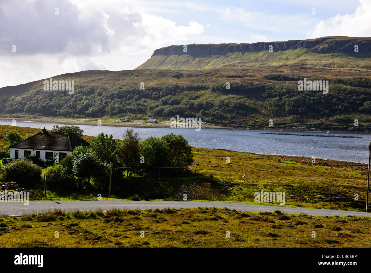 Glas Bhein Mhorn,Beinn Deorg Mhor,Blaven,Torrin Village,The Cuillin Hills,Black Cuillins,Loch Slapin,B8083,Isle of Sky,Scotland Stock Photo