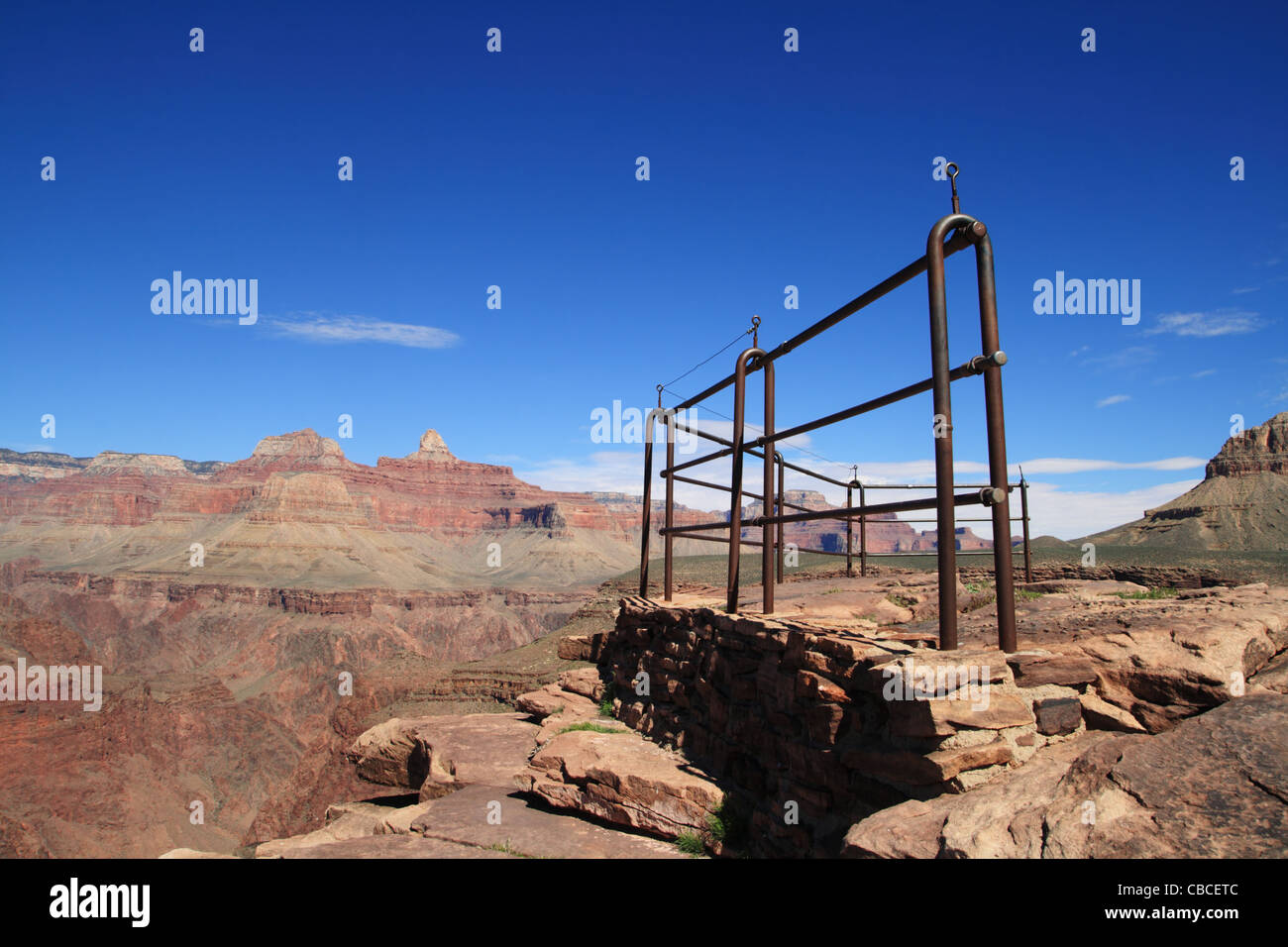 Plateau Point guard fence on the Tonto Plateau in the Grand Canyon National Park with nobody Stock Photo