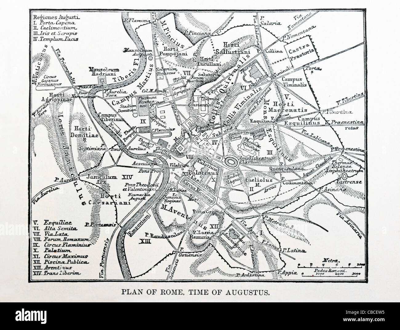 Map of ancient Rome at the time of Augustus from an 1896 book Stock Photo