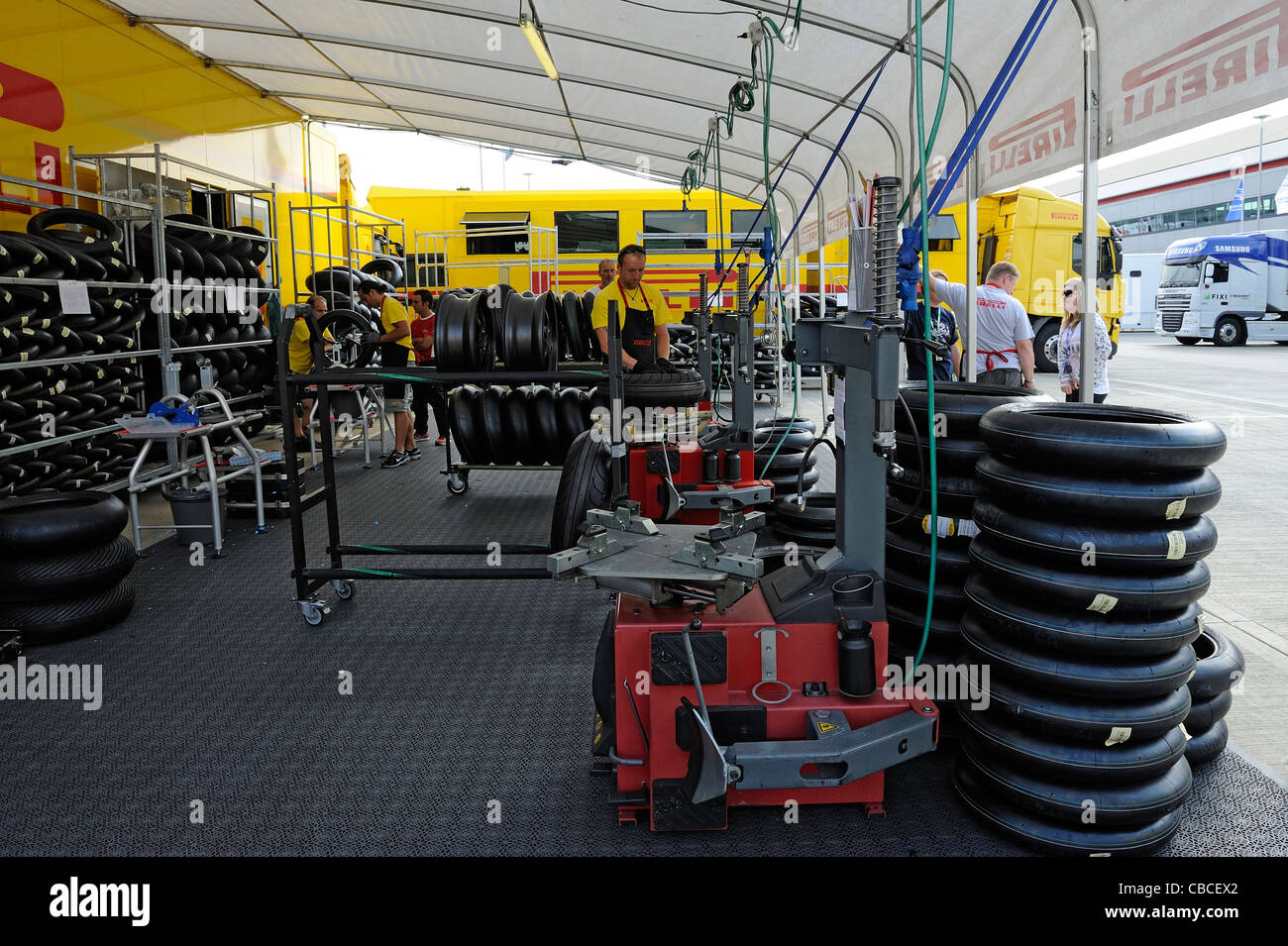 pirelli tyre fitting facility in the world superbike paddock Stock Photo